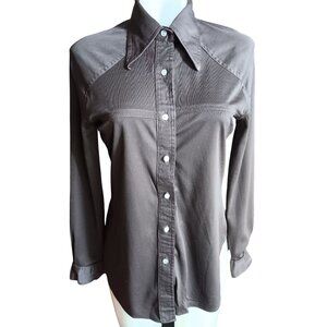 Medium Vintage 1970s Disco Top Chocolate Brown Button-Up Hippy Mom Shirt Collar